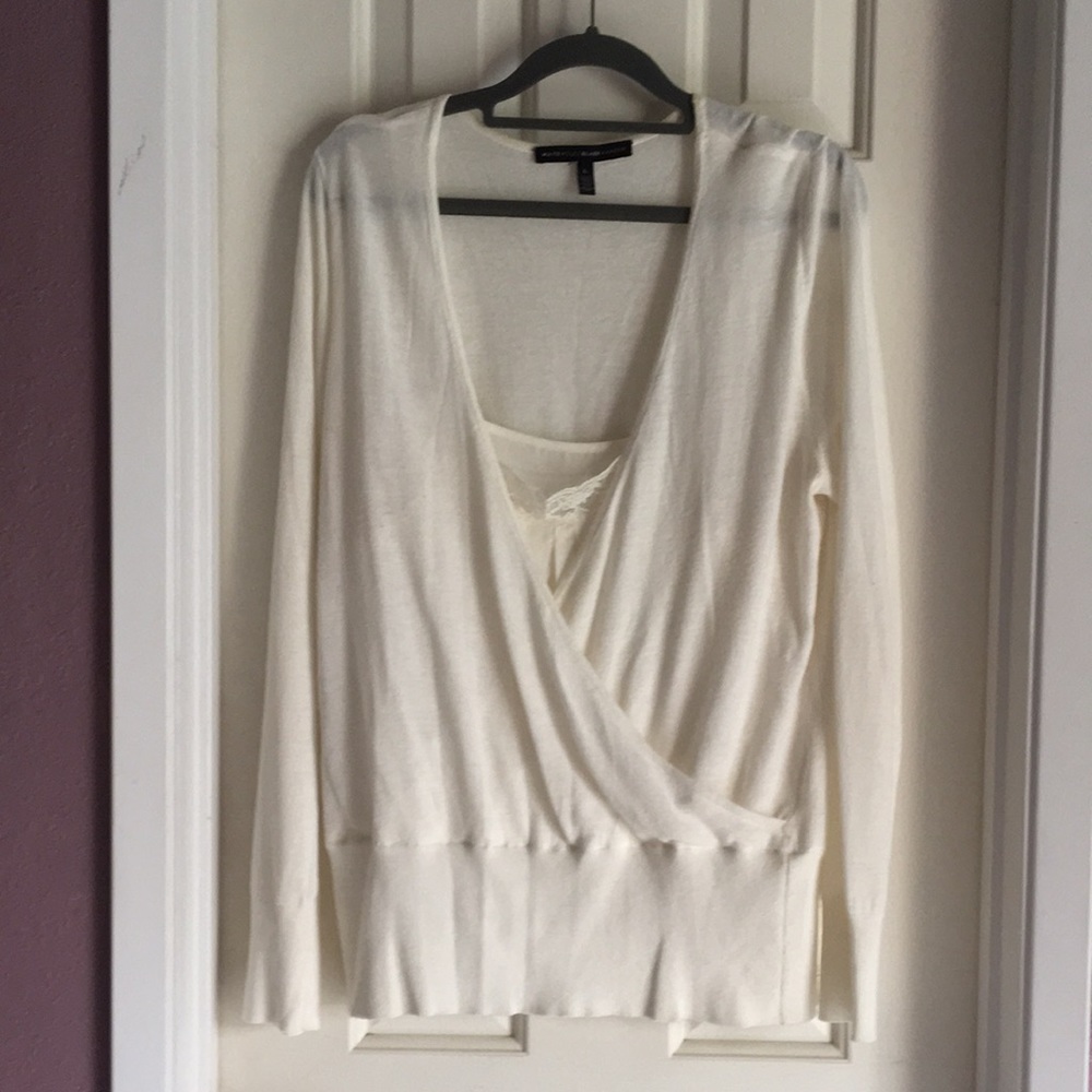 Cream white cross front sweater with attached camisole with lace detail